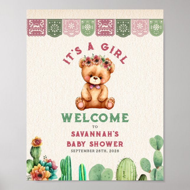 Teddy Bear Cactus Girl Baby Shower Fiesta Poster (Front)