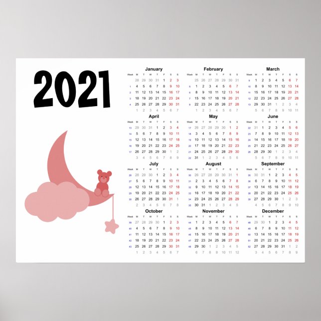 Teddy bear Calendar 2021 Poster - Monday start (Front)