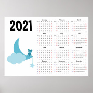 Teddy bear Calendar 2021 Poster - Sunday start