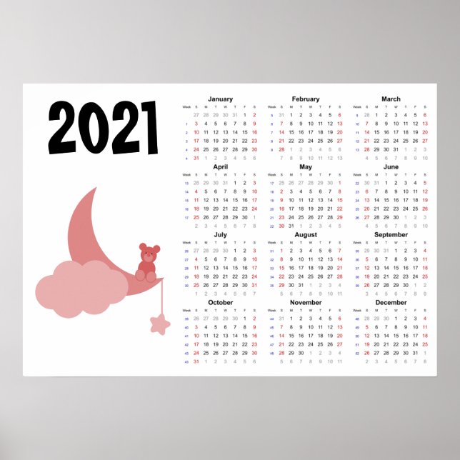 Teddy bear Calendar 2021 Poster - Sunday start (Front)