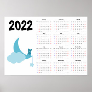 Teddy bear Calendar 2022 Poster - Sunday start