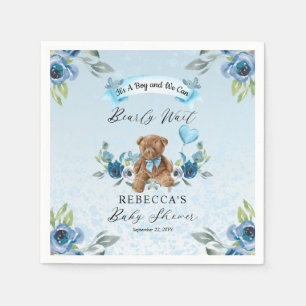 Teddy Bear Can Bearly Wait Blue Boy Baby Shower Napkin