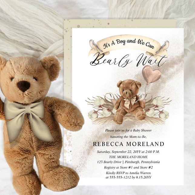 Teddy Bear Can Bearly Wait Greige Boy Baby Shower  Invitation (Creator Uploaded)