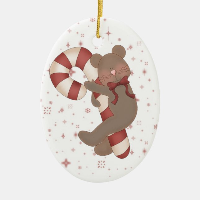 Teddy Bear Candy Cane Ceramic Tree Decoration (Front)
