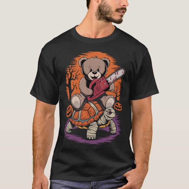 Teddy bear chainsaw on Tuetle mummy halloween T-Shirt (Front)
