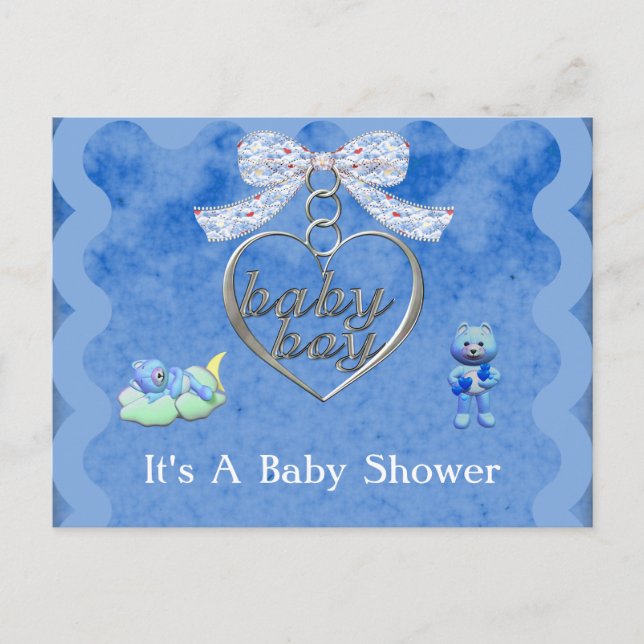 Teddy Bear Charm Boy Blue Baby Shower Invitation Postcard (Front)