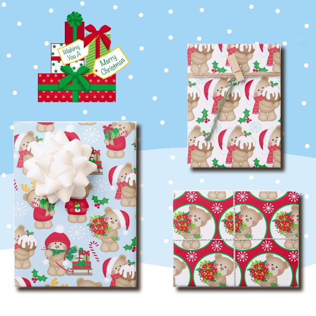 Teddy Bear Christmas 3 Coordinating Wrapping Paper Sheet (Creator Uploaded)