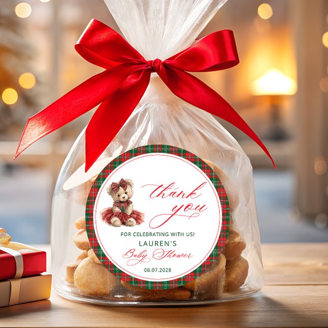 Teddy Bear Christmas Girl Baby Shower Thank You Classic Round Sticker (Creator Uploaded)