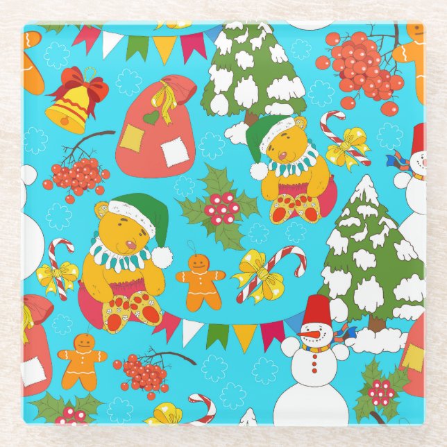 Teddy Bear Christmas: Kid-Friendly Pattern. Glass Coaster (Front)