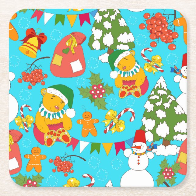 Teddy Bear Christmas: Kid-Friendly Pattern. Square Paper Coaster (Front)