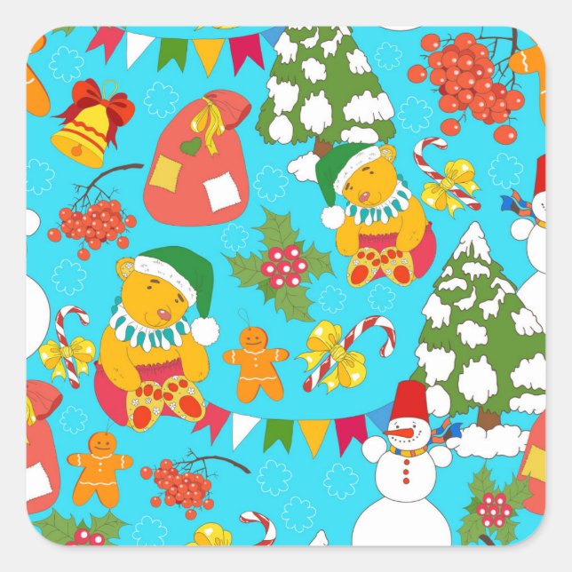 Teddy Bear Christmas: Kid-Friendly Pattern. Square Sticker (Front)