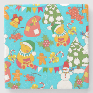 Teddy Bear Christmas: Kid-Friendly Pattern. Stone Coaster