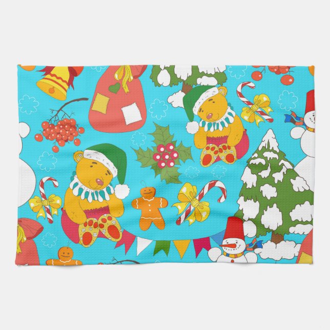 Teddy Bear Christmas: Kid-Friendly Pattern. Tea Towel (Horizontal)
