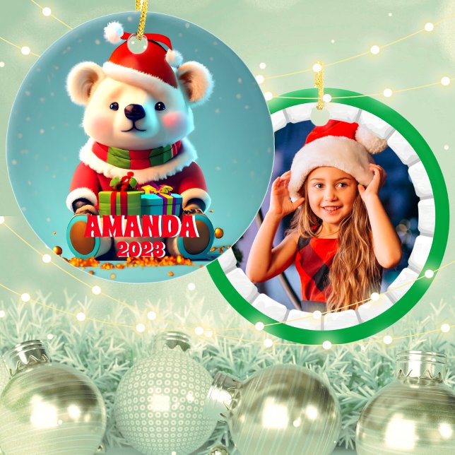 Teddy Bear Christmas Personalised Kids Photo Ceramic Ornament (Creator Uploaded)