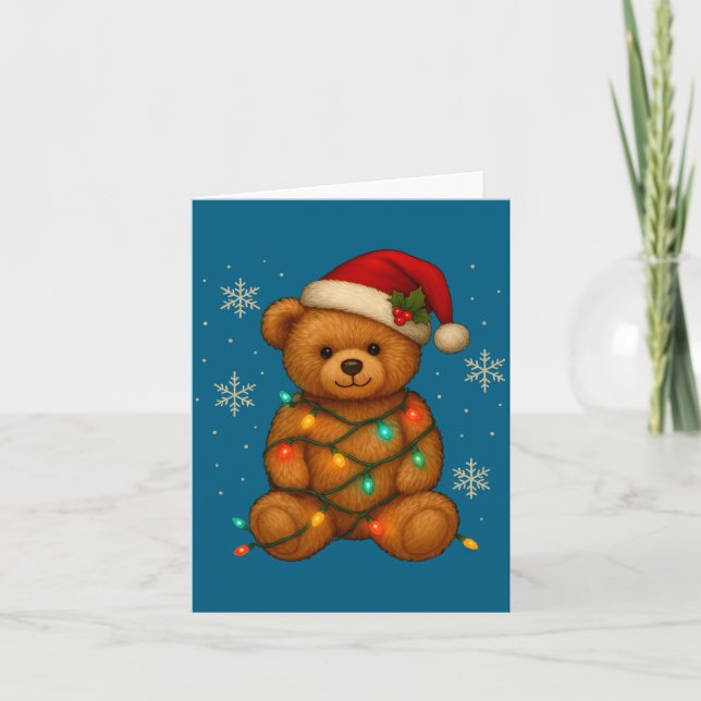 Teddy Bear Christmas Tree Lights Santa Hat For Bea Card (Front)