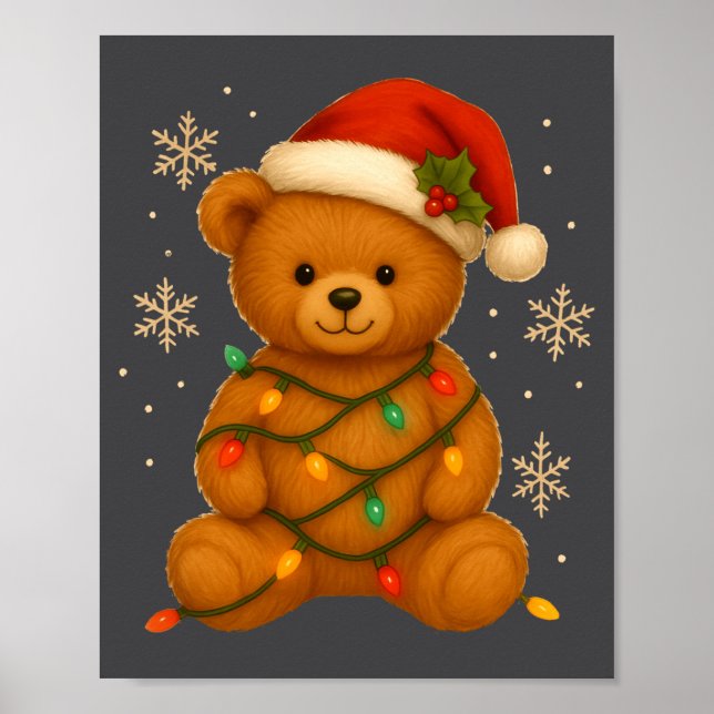 Teddy Bear Christmas Tree Lights Santa Hat For Bea Poster (Front)