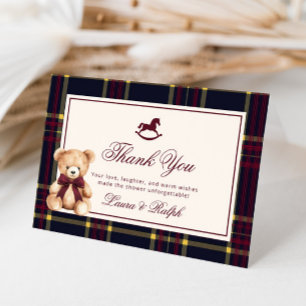 Teddy Bear Classic Burgundy Plaid Baby Shower Thank You Card
