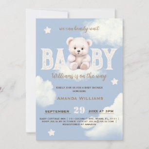 Teddy Bear Cloud 9 Bearly Wait Blue Boy Shower Invitation