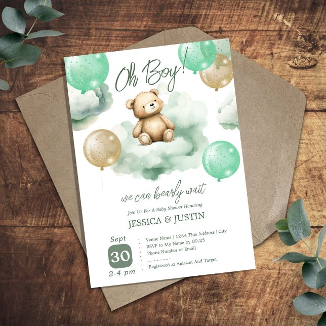 Teddy Bear Clouds Balloon Green Baby Shower Invitation (Creator Uploaded)