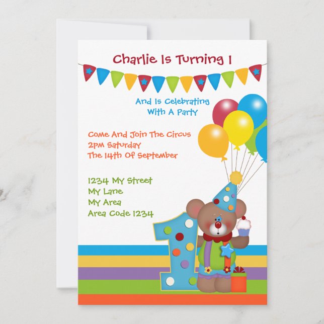 Teddy Bear Clown First Birthday Party Invitation (Front)