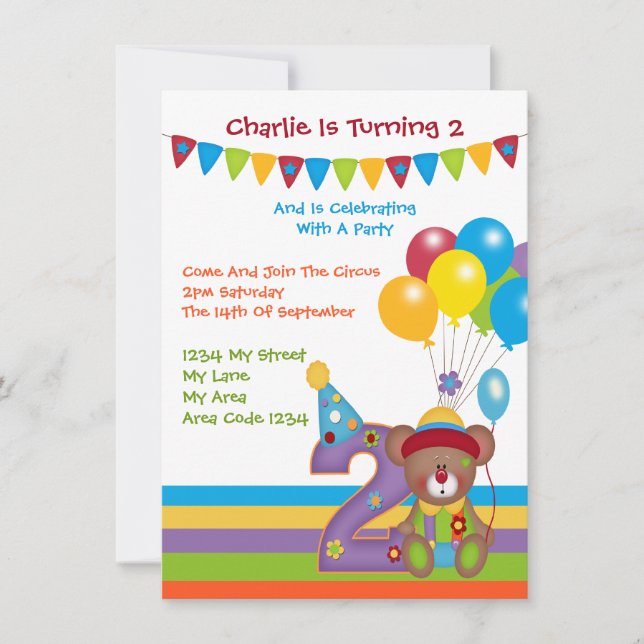 Teddy Bear Clown Second Birthday Party Invitation (Front)