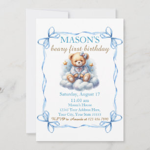 Teddy Bear Colourful Balloon Beary First Birthday Invitation
