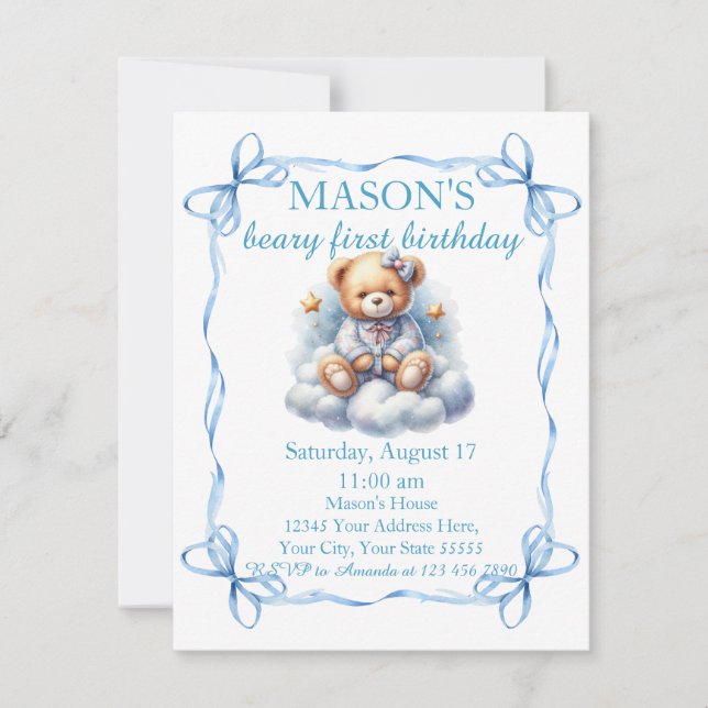 Teddy Bear Colourful Balloon Beary First Birthday  Invitation (Front)