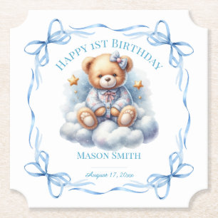 Teddy Bear Colourful Balloon Beary First Birthday Paper Coaster