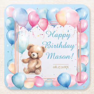 Teddy Bear Colourful Balloon Beary First Birthday Square Paper Coaster