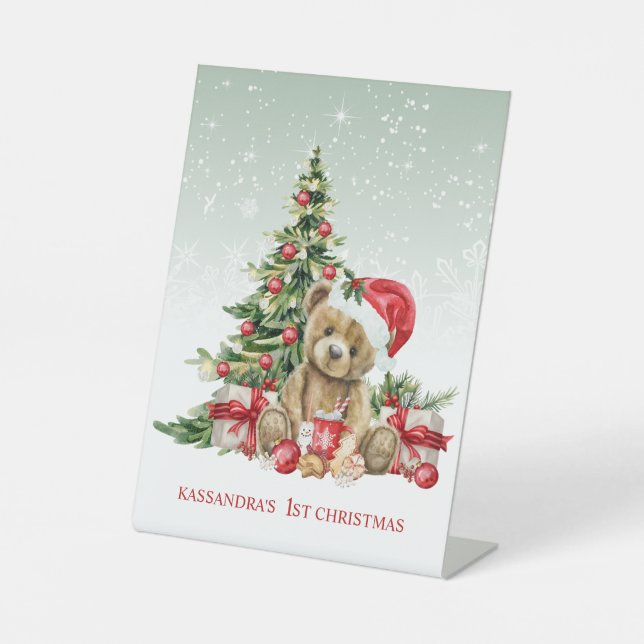 Teddy Bear Colourful Tree Baby 1st Christmas Pedestal Sign (Front)