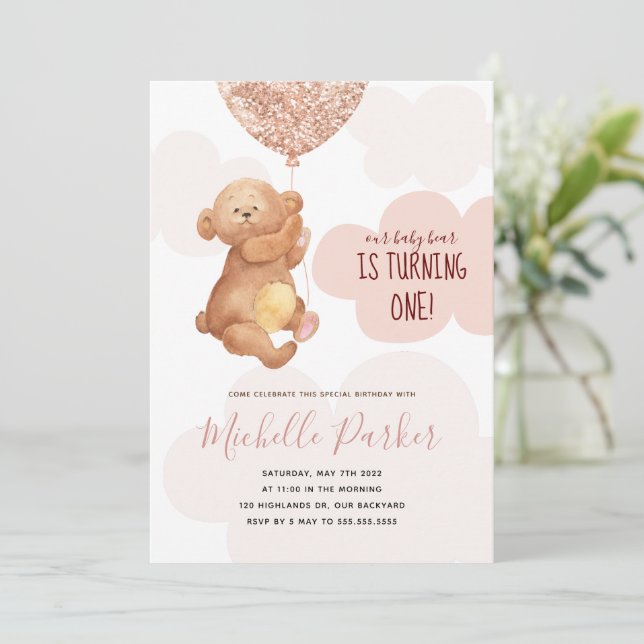 Teddy Bear Cub Pink Clouds 1st Birthday Invitation (Standing Front)