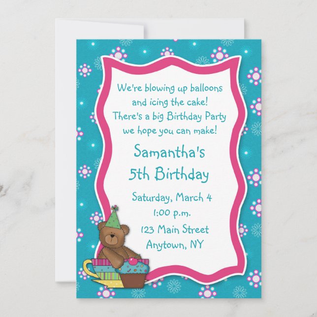 Teddy Bear Cupcake Birthday Invitation (Front)