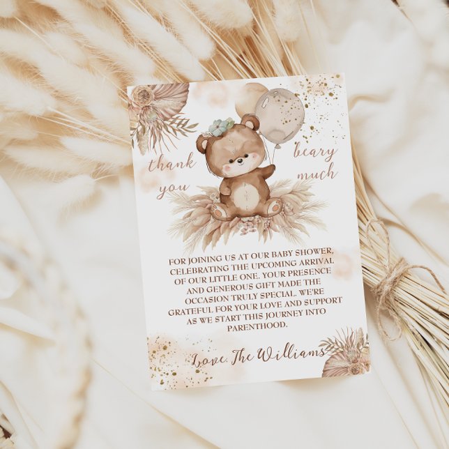 Teddy Bear Cute Beige Pampas Baby Shower  Thank You Card (Creator Uploaded)