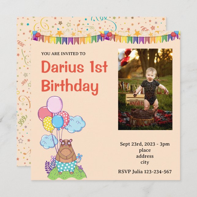 Teddy Bear  Cute First Birthday Photo invitation (Front/Back)