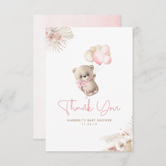 Teddy Bear Cute Girl Baby Shower Thank You (Front/Back)
