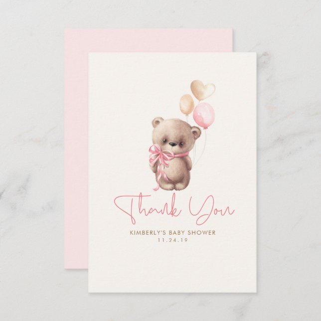 Teddy Bear Cute Girl Baby Shower Thank You (Front/Back)