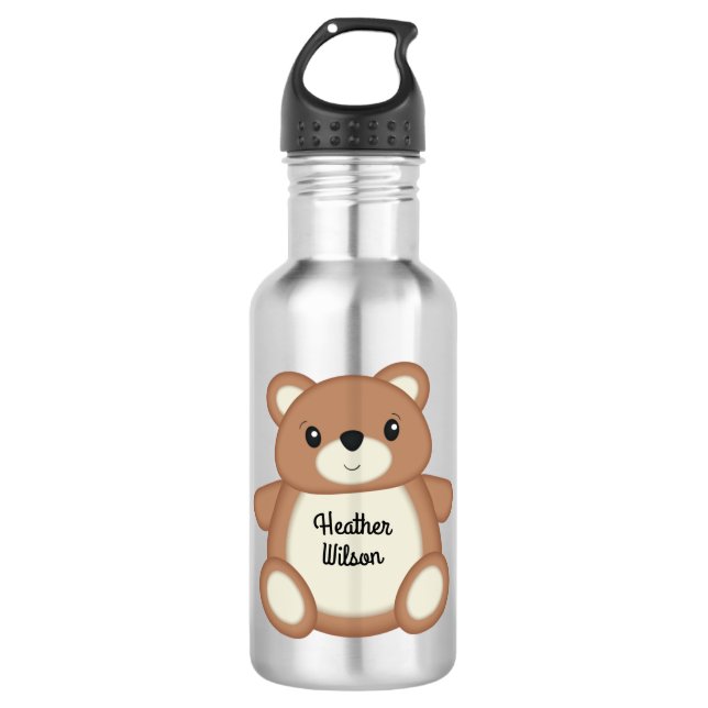 Teddy Bear Cute Kids Water Bottle with Name (Front)