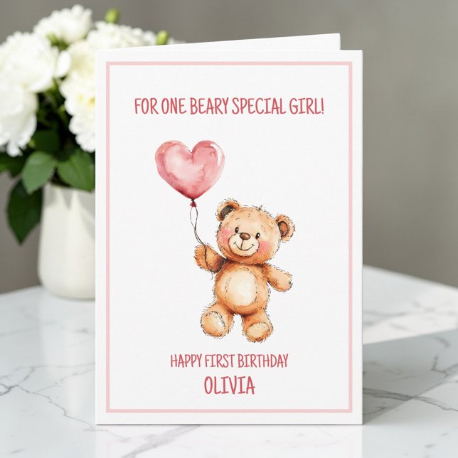 Teddy Bear Cute Pink Balloon Happy 1st Birthday Card (Teddy Bear Cute Pink Balloon Happy 1st Birthday Card)