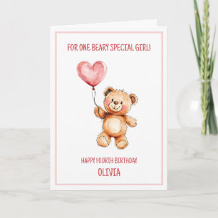 Teddy Bear Cute Pink Balloon Happy 4th Birthday Card