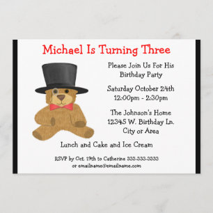 Teddy Bear Cute Top Hat Boy Birthday Custom Year Invitation