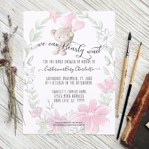 Teddy Bear Cute w Balloons Floral Baby Girl Shower Invitation