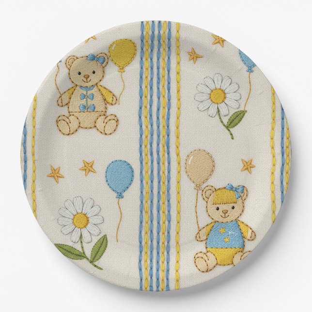 Teddy Bear Daisy Garden Pattern (10) Paper Plate (Front)