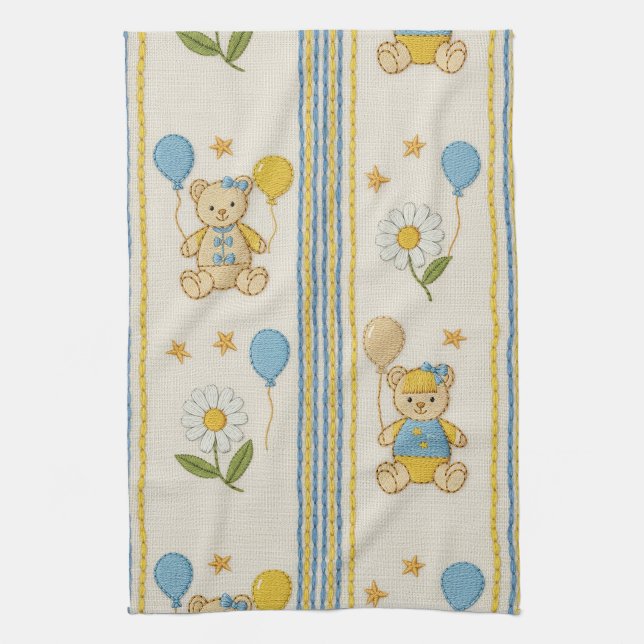 Teddy Bear Daisy Garden Pattern (10) Tea Towel (Vertical)