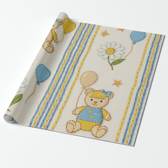 Teddy Bear Daisy Garden Pattern (10) Wrapping Paper (Unrolled)