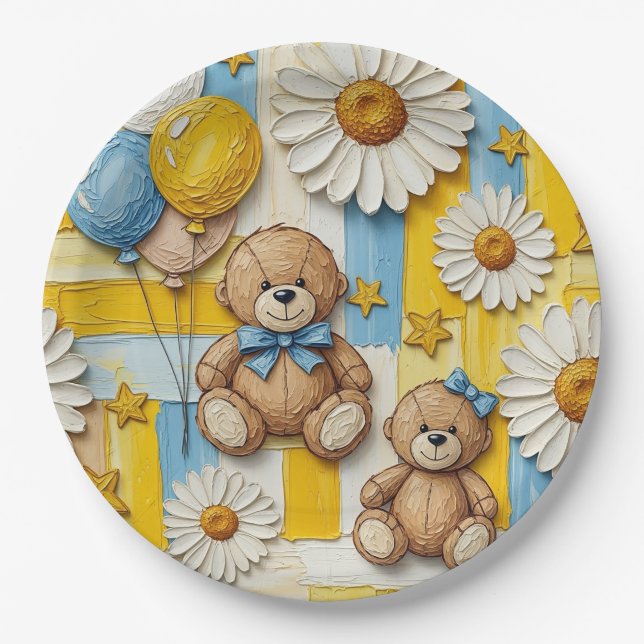 Teddy Bear Daisy Garden Pattern (11) Paper Plate (Front)