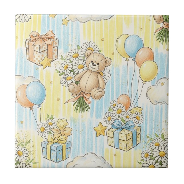 Teddy Bear Daisy Garden Pattern (12) Ceramic Tile (Front)