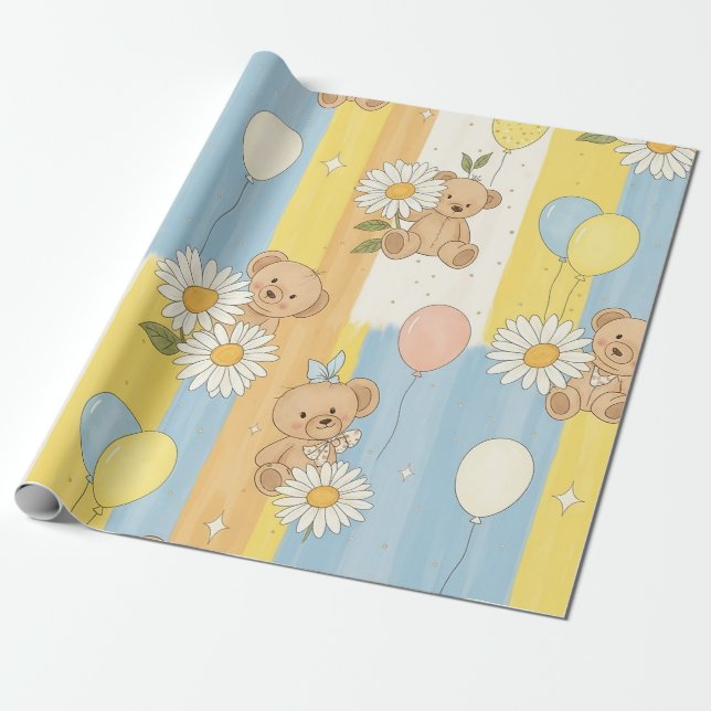 Teddy Bear Daisy Garden Pattern (12) Wrapping Paper (Unrolled)