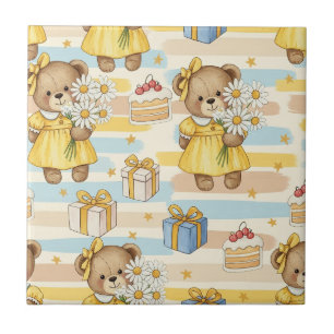 Teddy Bear Daisy Garden Pattern (14) Ceramic Tile