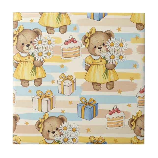 Teddy Bear Daisy Garden Pattern (14) Ceramic Tile (Front)