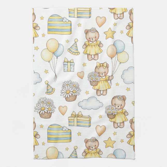 Teddy Bear Daisy Garden Pattern (14) Tea Towel (Vertical)